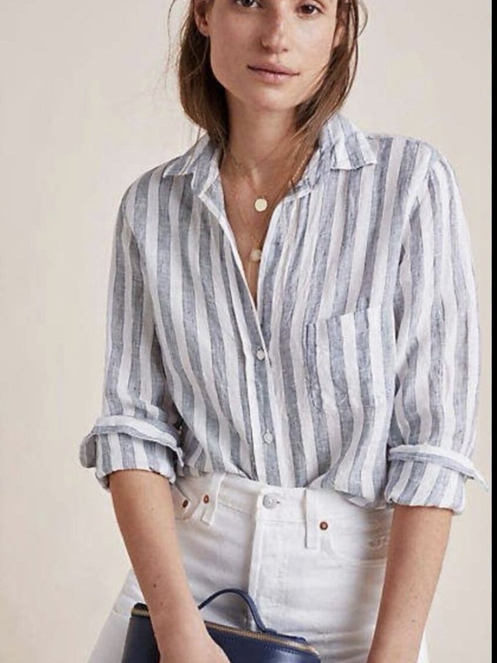 Grayson The Hero 100% Linen Button Down Shirt Women’s Size 4 Blue Stripe